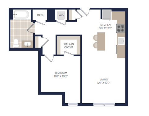 Floor plan for 1 bed, 1 bath, 665 sqft